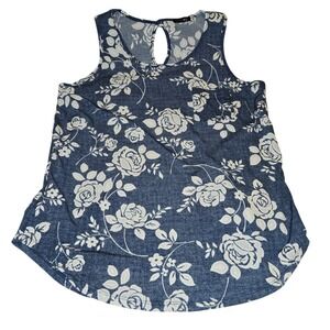 Floral Print Tank Top‎ Sleeveless Casual Keyhole Back Blue White Size L